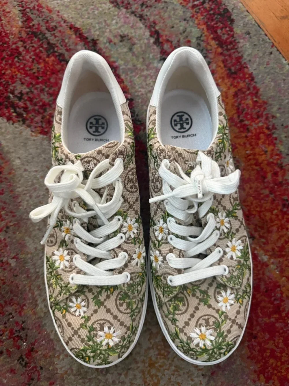 Tory Burch Tan Logo Floral Lace-Up Sneakers Howell Jacquard Print 10.5
